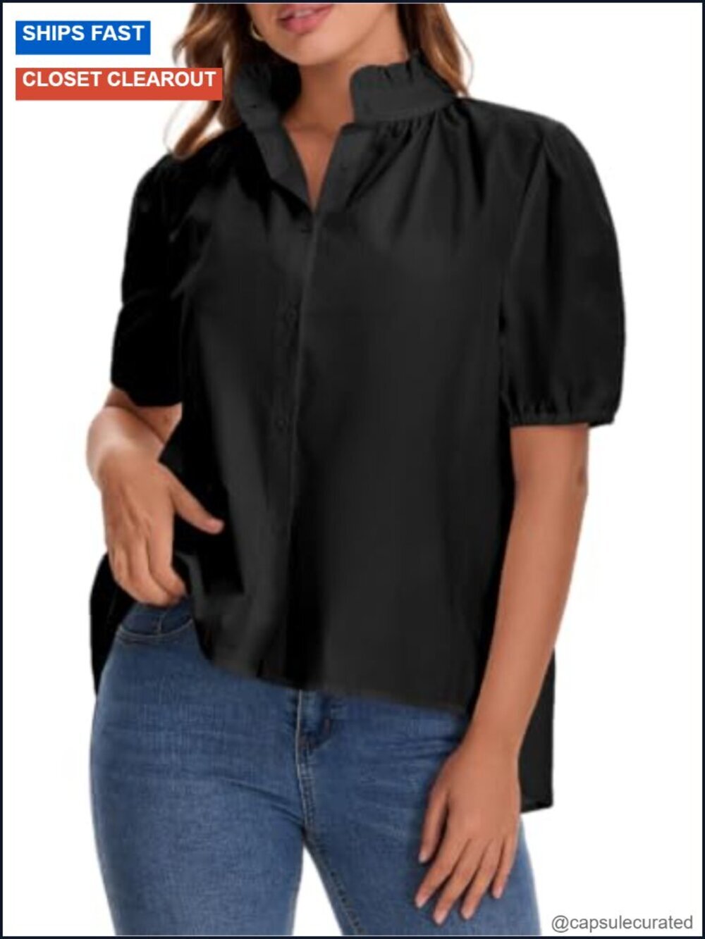 Short Sleeve Button Down Shirt Mock Neck Puff Cotton Blouse Casual Summer
